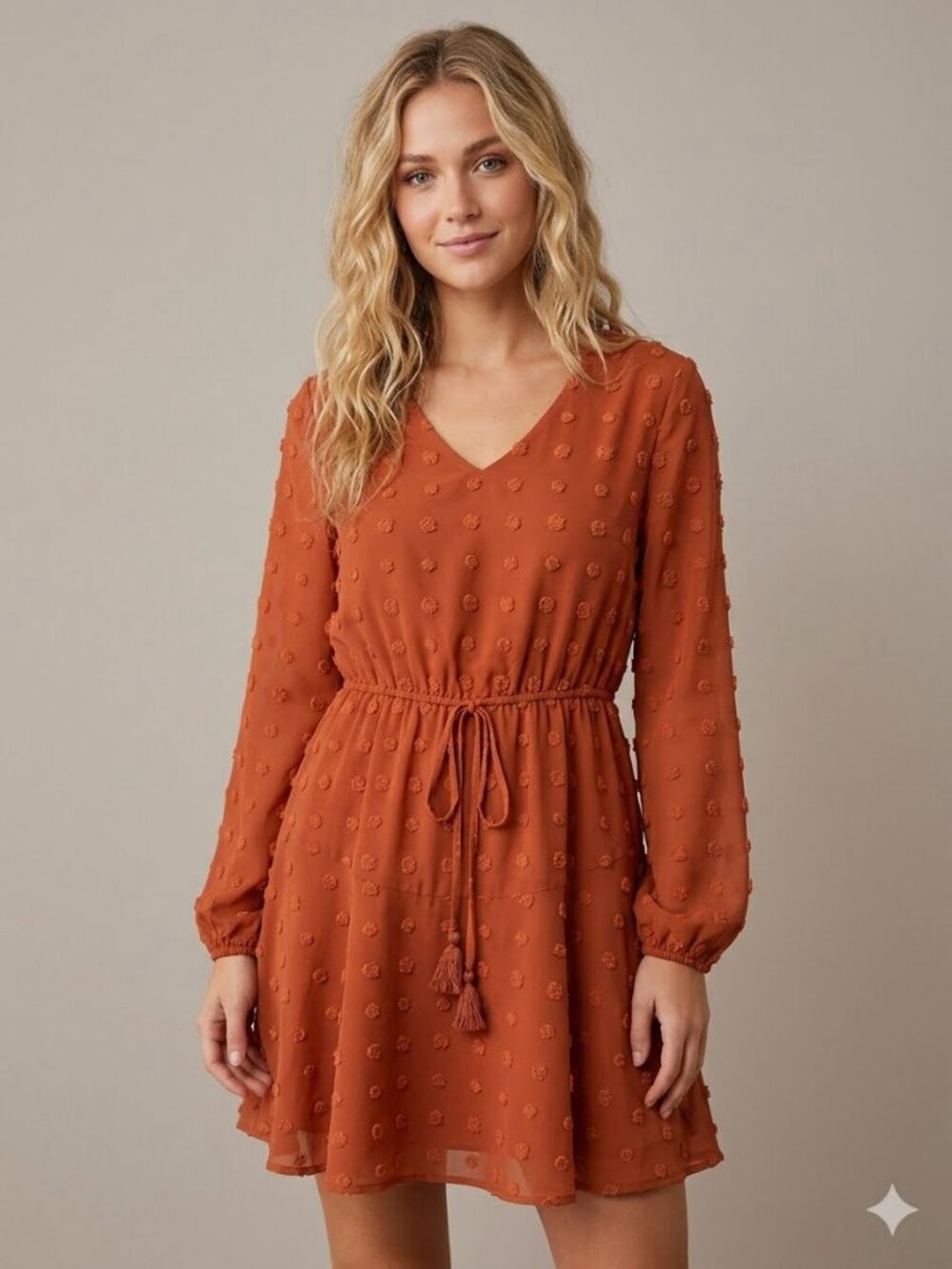 KIRUNDO - Burnt Orange Chiffon Babydoll Tie-Waist Dress (S)